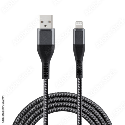 Obraz na płótnie Black cable for charging and synchronization with USB and Micro USB connectors on a white isolated background close-up w salonie
