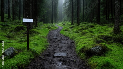 Misty forest trail, moss-covered path photo