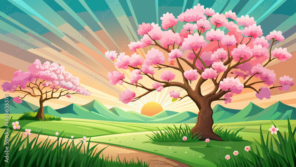 Fototapeta premium Pink cherry tree blossom flowers blooming in a green grass meadow on a spring Easter sunrise background.