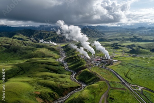 Geothermal Power Station aerial view in valley emitting steam, surrounded by lush green hills under a dramatic sky in remote location
