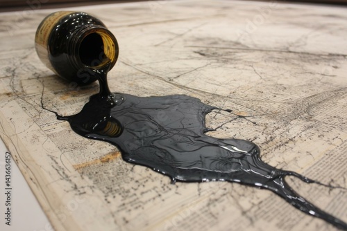 Ink bottle pouring viscous fluid onto antique manuscript revealing dark stains and damage to old paper surface