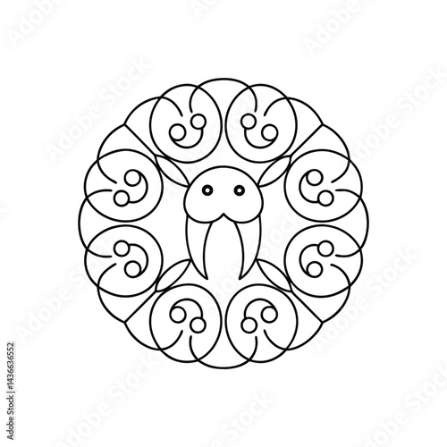 Minimalist walrus icon in geometric pattern black and white outline animal illustration isolated on white