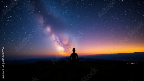 Milky Way and silhouette of a woman practicing yoga.