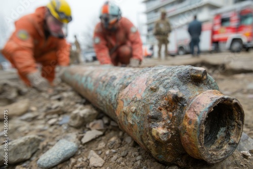 Unearthing Ordnance: Emergency Personnel Examine Discovered Round, Demonstrating Procedures and Assessing Hazards on a Construction Site
