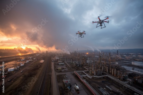 Two drones fly above industrial plant at dusk, inspecting infrastructure with pipes, smokestacks, and dramatic sky