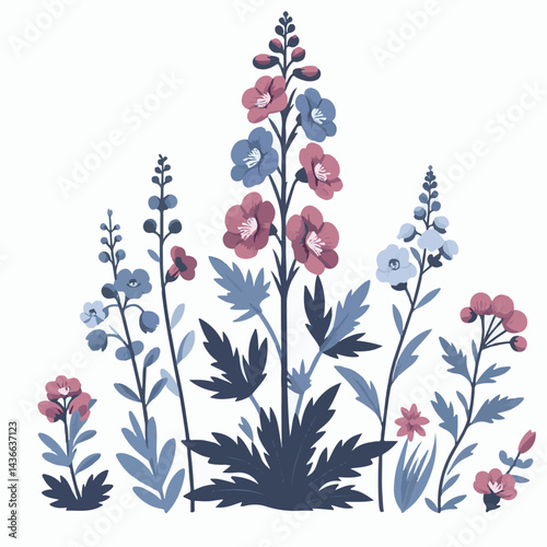 larkspur, flower, blossom, plant, floral, botanical, nature, isolated, illustration, drawing, hand drawn, marigold, graphic, garden, daffodil, vector, rose, art, design, set, summer, background, daisy