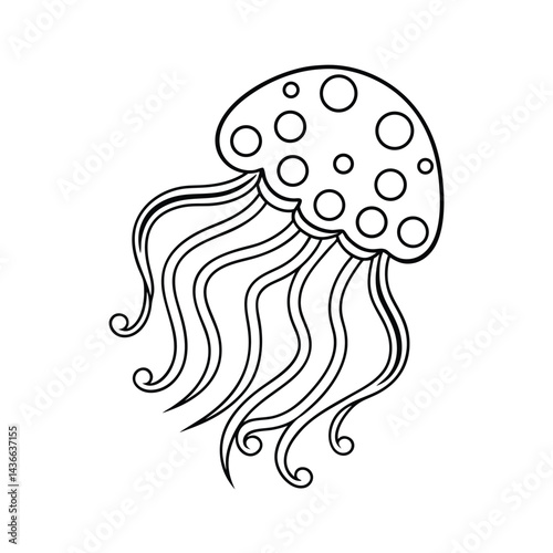 Cute jellyfish illustration with dots and tentacles outline drawing for coloring books and graphic design
