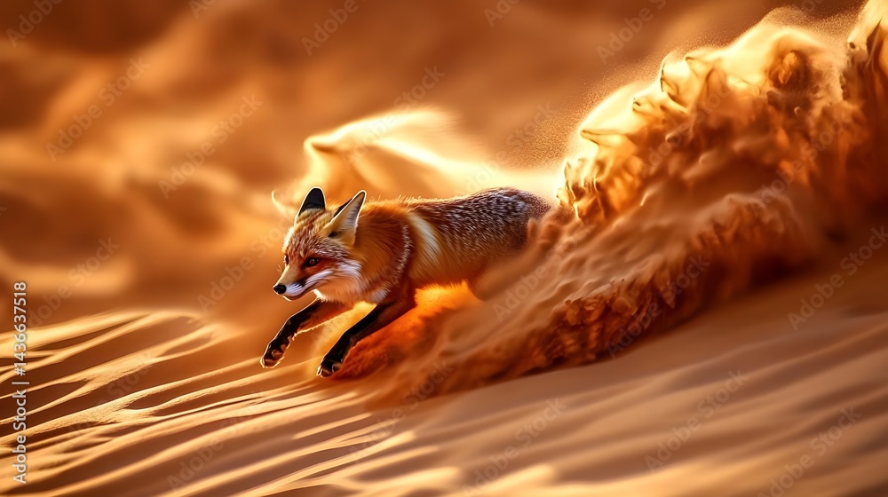 Fototapeta premium Realistic Fox in Motion Through the Desert Environment at Sunset
