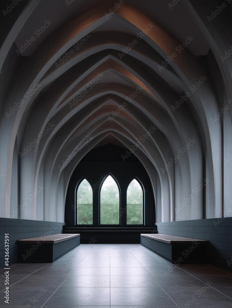 Fototapeta premium The interior of a church with a high arched ceiling. the ceiling is made up of multiple arches that are arranged in a symmetrical pattern, creating a sense of depth and dimension.