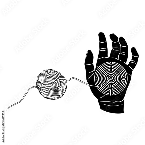 Human hand holding a round spiral maze or labyrinth symbol and a yarn ball. Theseus and Ariadne thread. Creative philosophical symbol. Black and white silhouette.