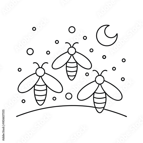 Fireflies flying under the moon night scene black and white line art vector illustration