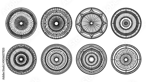 stone rosette window, Symmetrical Circular Designs, Black and White Vintage Etching Illustration