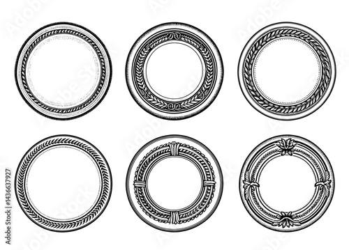 Ornate Circular Frames with wheat elemets in Vintage Style Black and White illustration
