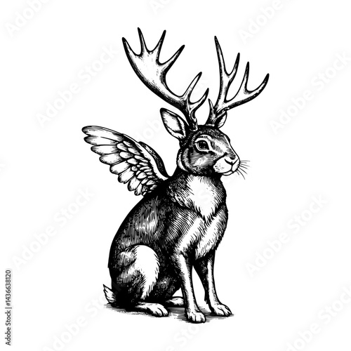 Wolpertinger, Bavarian folklore creature, a horned rabbit with wings and fangs, Black and White Vintage Etching Illustration