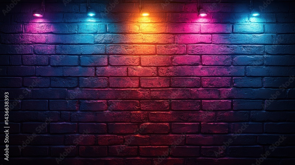 Brick wall illuminated by colorful spotlights creating a vibrant and textured background. Brick wall illuminated by colorful spotlights creating a vibrant and textured background.