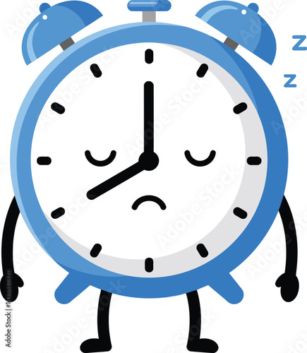 Blue Alarm Clock Character Sleeping with Closed Eyes and Sad Expression Vector Illustration 