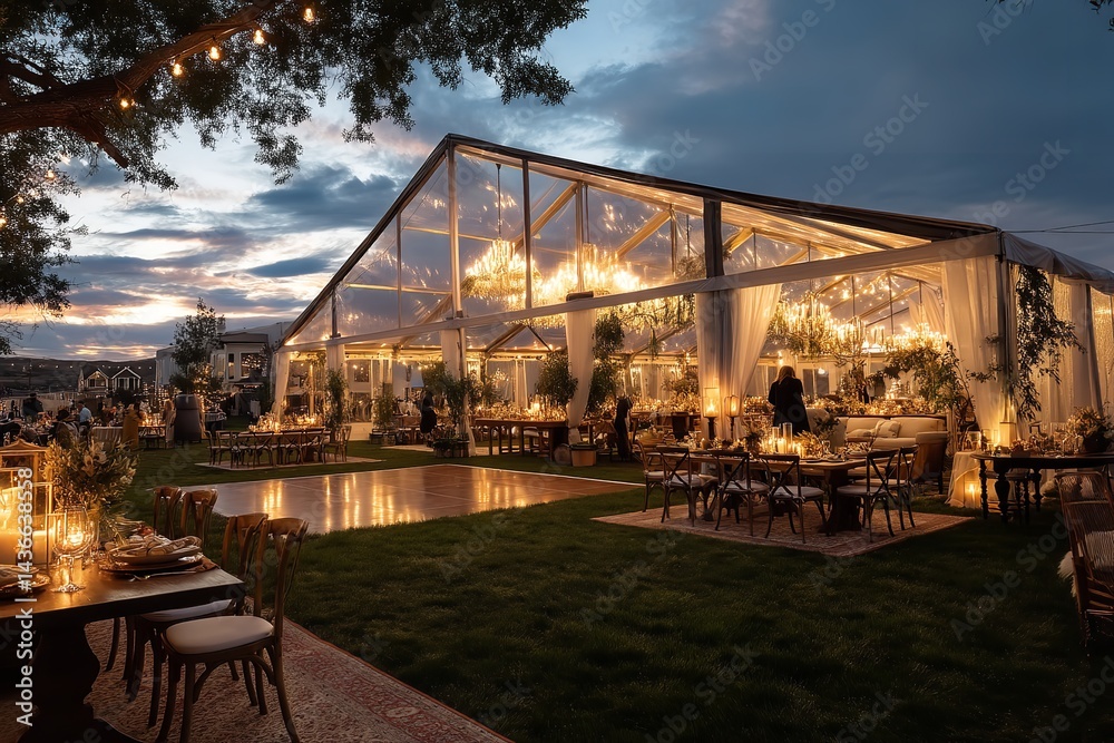 Fototapeta premium Elegant outdoor wedding tent with chandeliers, dance floor, and flower-decorated tables under string lights for a mountain reception