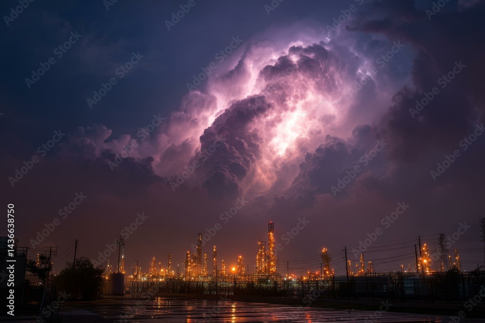 Naklejka premium Dramatic storm clouds with lightning over illuminated industrial plant at dusk, reflecting light on wet pavement