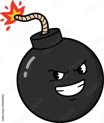 Cartoon angry black bomb with lit fuse and mischievous face expression vector illustration
