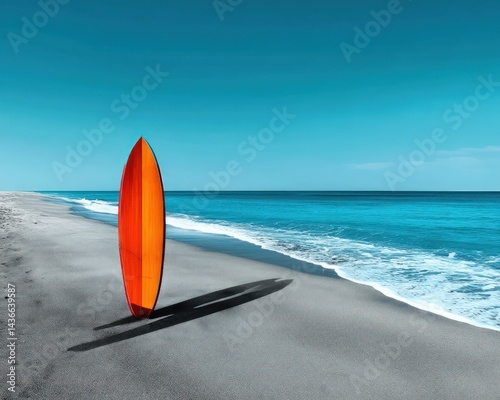 Neon-colored surfboard casting a long shadow on a peaceful beach, blue ocean and clear sky stretching endlessly behind