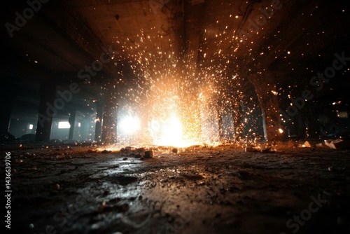 Intense Spark Shower in Dark Industrial Space Illuminating Dirty Concrete Ground and Structural Support Columns