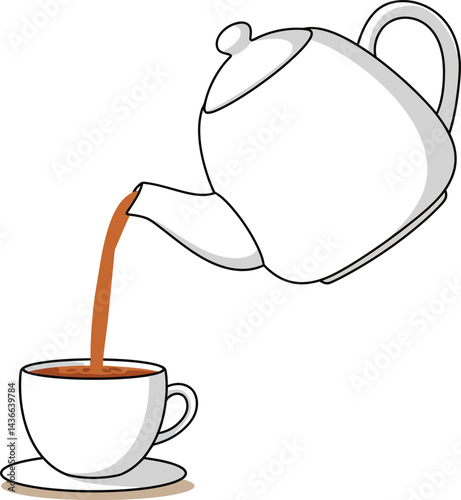 Pouring hot brown coffee from white teapot into white cup on saucer simple vector illustration 