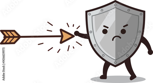 Animated shield character blocking arrow with determined expression vector illustration for security and protection concept 