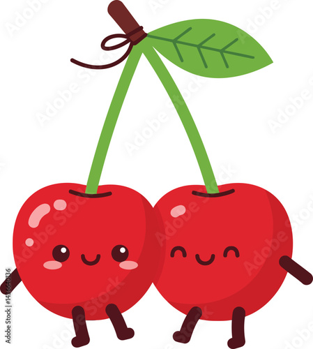 Cute smiling cherries with green leaf and brown stems cartoon vector illustration 