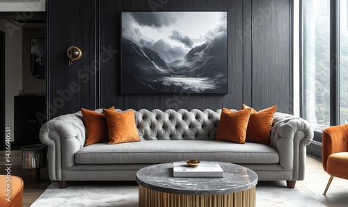 Modern living room interior design with dark accents and decorative pillows.