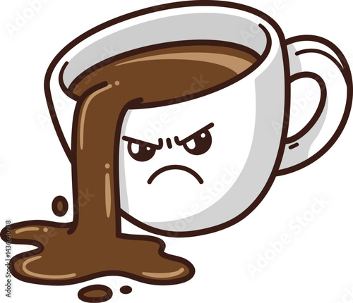 Angry coffee cup spilling dark brown coffee liquid illustration with funny face expression vector 