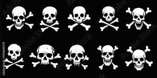 Action-Illustration, Skulls and Crossbones, Black Background, Graphic Design, Dark Theme, Front View, Artistic Expression