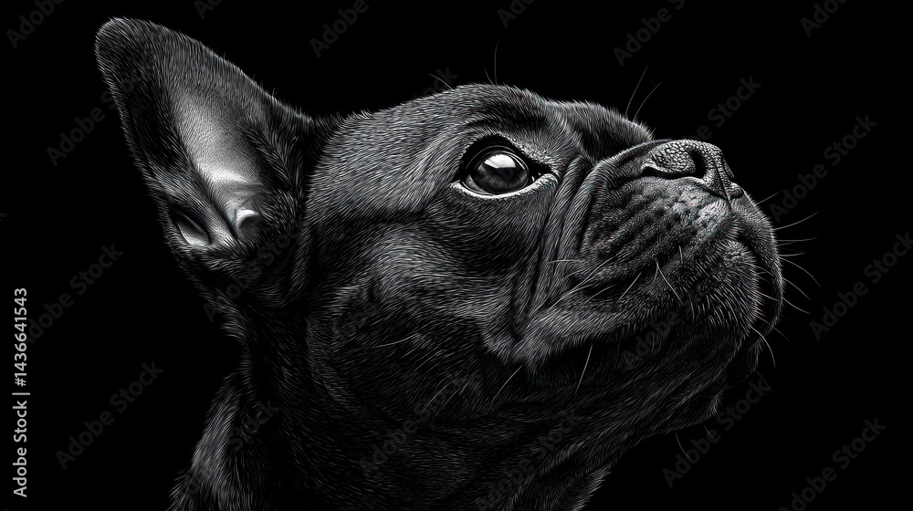 Black dog headshot looking up with dark background. Black dog headshot looking up with dark background.