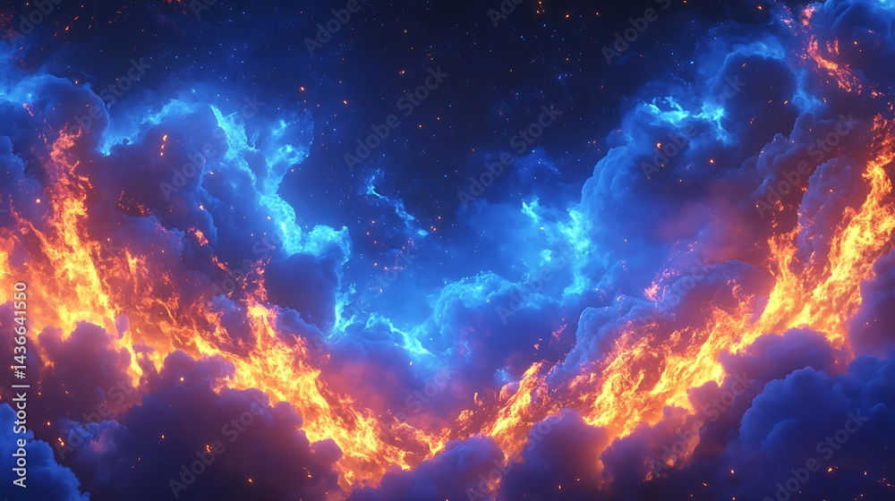 Fototapeta premium Intense fiery clouds clashing with electric blue sky in dramatic fantasy landscape scene