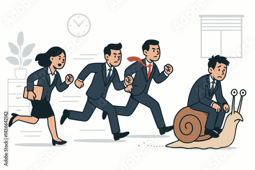 Office race metaphor illustrating business competition with determined professionals running ahead while a slow employee falls behind, riding a snail in a simple cartoon vector style.