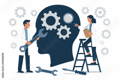 Mental Health Professionals Analyzing Cognitive Function with Gears and Tools, Psychological Therapy and Brain Repair Metaphor Vector Illustration with Scientists Collaborating