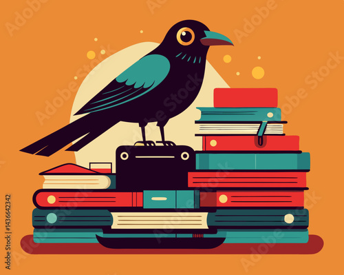 A clever crow perched atop an old stack of books, wearing tiny round glasses, beside a vintage typewriter. Vintage, detailed vector art.