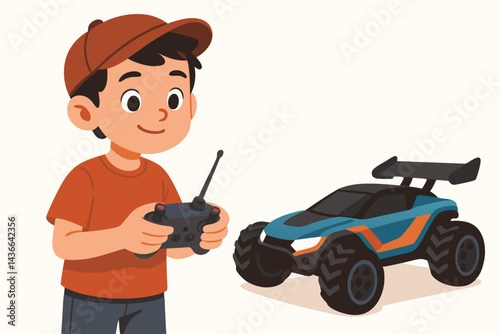 Cute kid with baseball cap controlling a modern blue RC car buggy using a remote joystick, engaging in a fun hobby, flat vector graphic illustration with texture for playtime concepts.