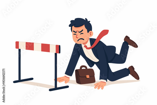 Vector illustration of a clumsy businessman failing to jump over a hurdle, falling flat on his face. Concept for business challenges, obstacles, career difficulties, and failures.