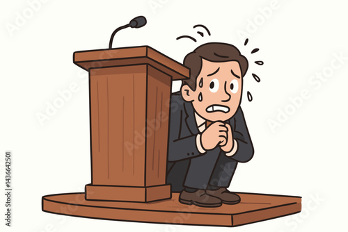 Nervous businessman experiencing public speaking anxiety, hiding behind a podium with stage fright. Cartoon vector illustration depicting fear and stress during a presentation.