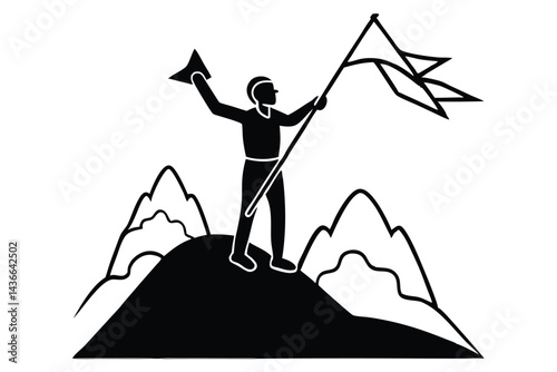 person on mountain top, silhouette of person holding flag, mountainous landscape, black and white, minimalist, digital art

