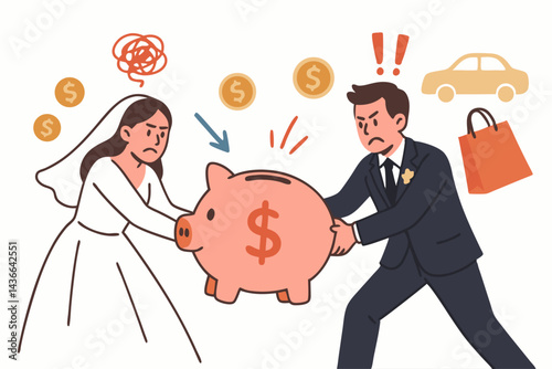 Financial tug-of-war concept vector showing newly married bride and groom fighting over piggy bank savings, symbolizing marital money disagreements, spending habits, and budget stress.