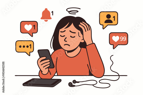 Overwhelmed by social media: Cartoon woman clutches head, stressed by endless phone notifications, illustrating digital burnout, anxiety, and online information fatigue.