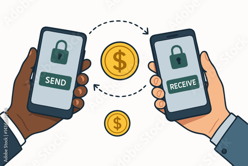 Diverse hands sending and receiving digital currency using secure smartphone app, concept for P2P mobile payment, online banking, fintech solutions, and global money transfer illustration.
