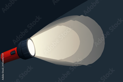 Bright flashlight beam illuminates the surrounding darkness in this vector illustration, perfect for themes of exploration, security, guidance, problem-solving, and clarity.