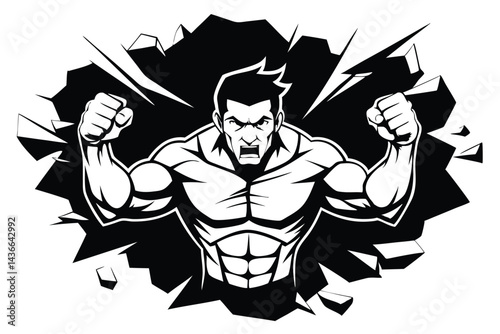 muscular male superhero, black and white comic book style, bold lines, dynamic pose, intense expression, powerful figure, dramatic background
