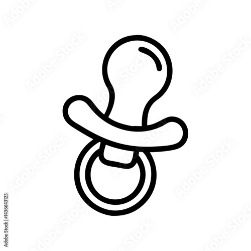 Simple graphic of a baby pacifier with a round handle and bulb shaped top in black outline style