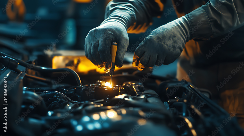 Mechanic Working on Car Engine with Sparking Tool Mechanic Working on Car Engine with Sparking Tool