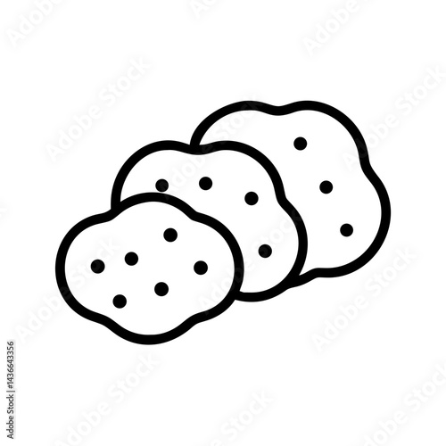 Three outline cookies with dark spots arranged overlapping each other in a simple graphic style design