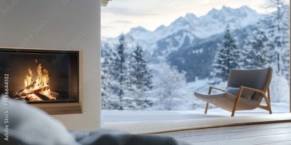 A cozy living room with a warm fireplace captures the essence of winter comfort. Large windows reveal stunning snowy mountains outside. Perfect for relaxation and tranquility. AI