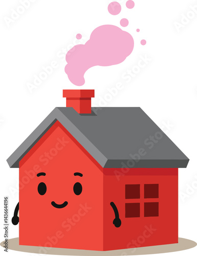 Red house with smiling face and pink smoke coming from chimney vector illustration for children and home design 